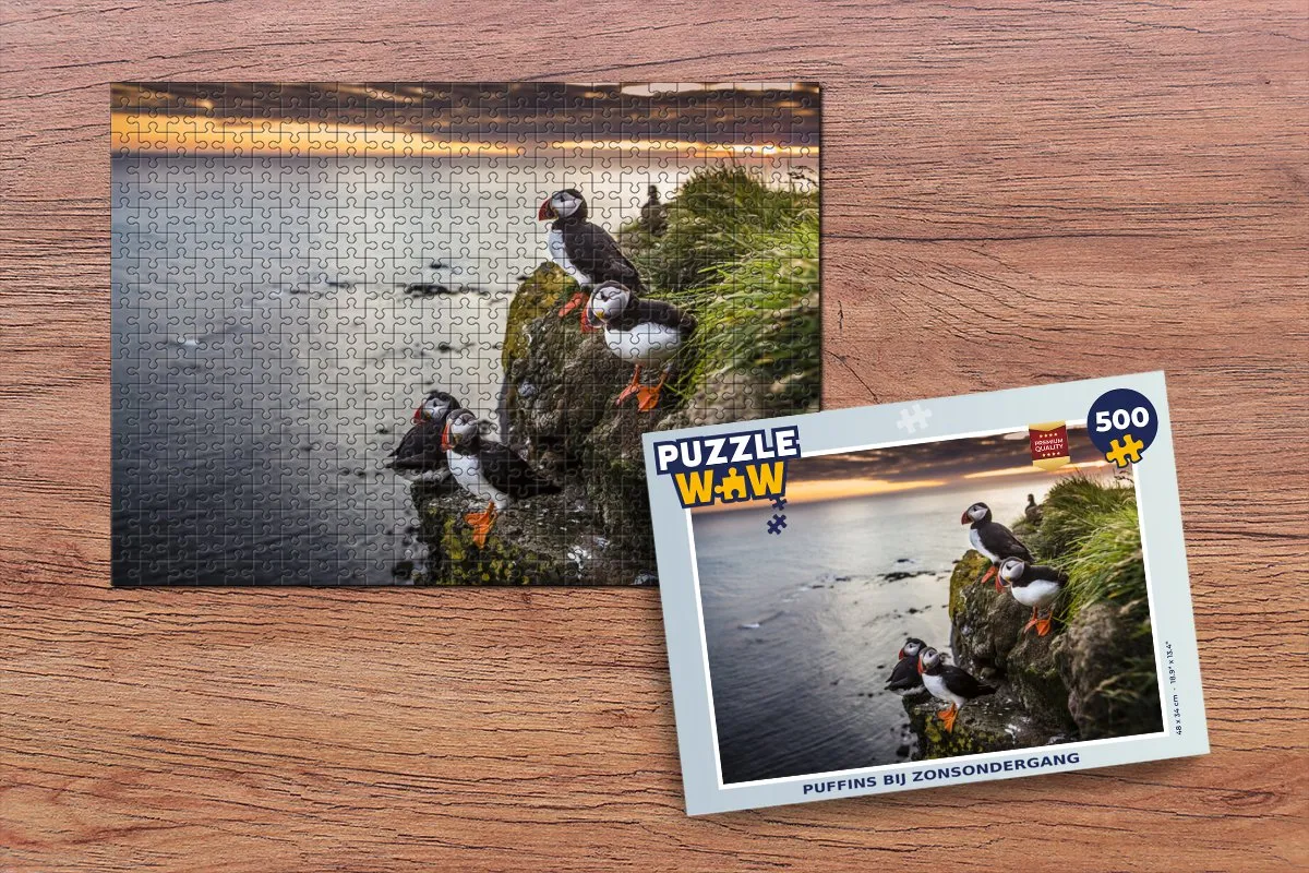 PuzzleWow Puzzel Puffins bij zonsondergang - 500 Stuks - Multicolor