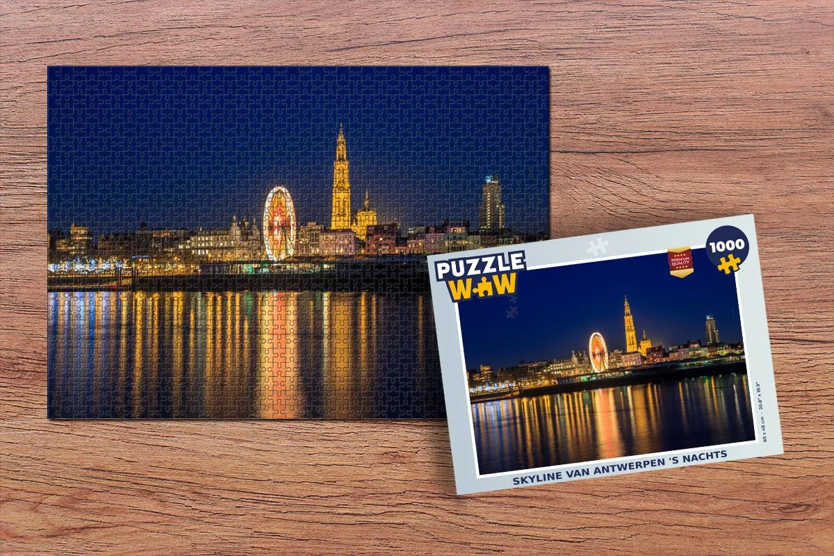 PuzzleWow Skyline Antwerpen Nacht Legpuzzel 1000 Stuks - Multicolor