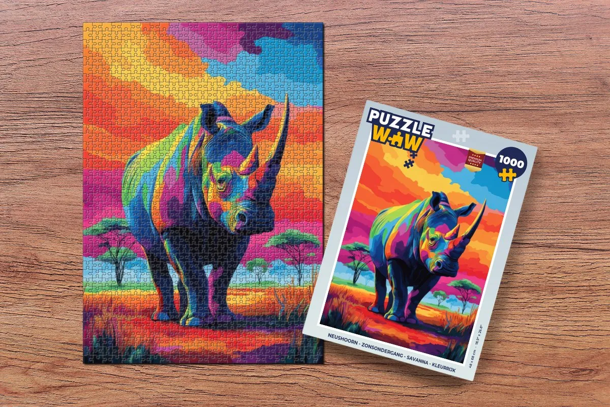 PuzzleWow Neushoorn Zonsondergang Legpuzzel 1000 Stuks - Kleurrijk
