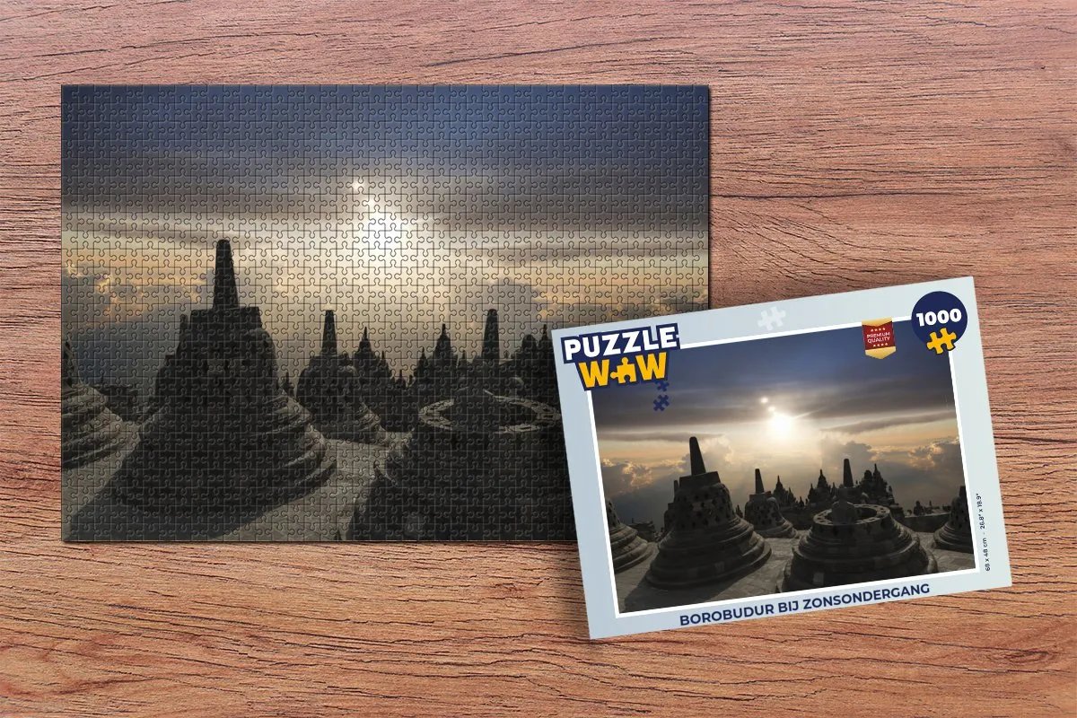PuzzleWow Legpuzzel Borobudur bij Zonsondergang 1000 Stuks - Multicolor