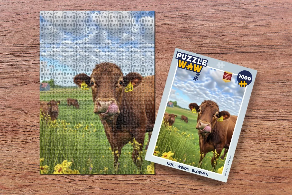 PuzzleWow Koe Weide Bloemen Legpuzzel 1000 Stuks - Koe/Landschap