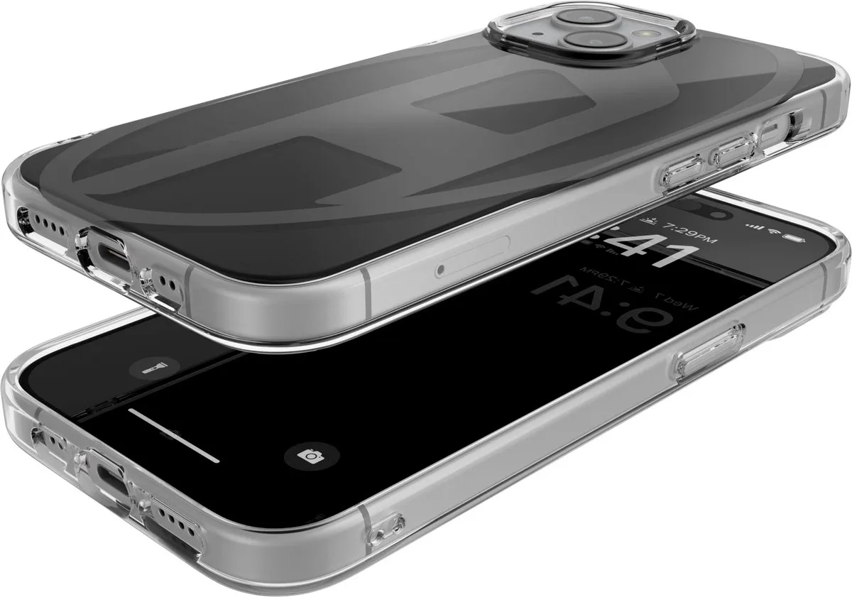 Diesel Spiegelend Telefoonhoesje iPhone 15 – Zwart – Spiegel – Valbescherming tot 2 Meter – Draadloos Opladen – Shockproof – Backcover – Origineel Diesel Accessoire met D-Logo