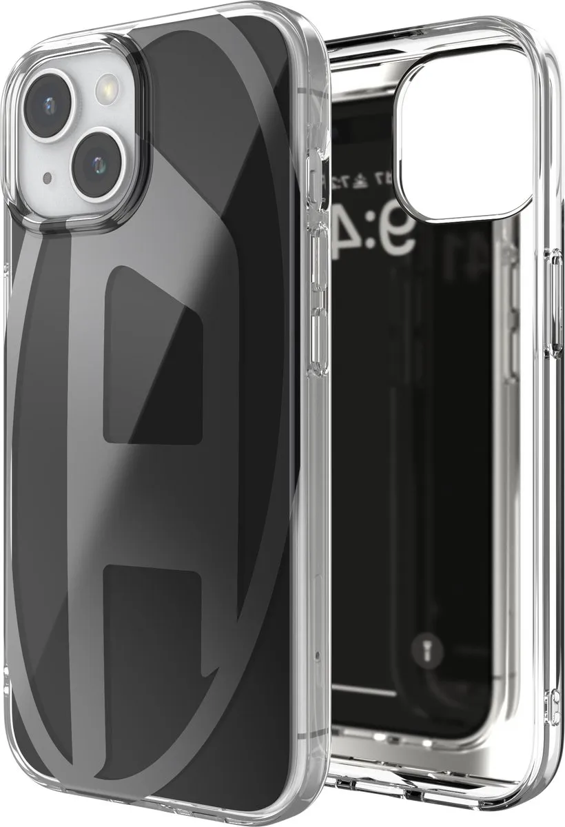 Diesel Spiegelend Telefoonhoesje iPhone 15 – Zwart – Spiegel – Valbescherming tot 2 Meter – Draadloos Opladen – Shockproof – Backcover – Origineel Diesel Accessoire met D-Logo