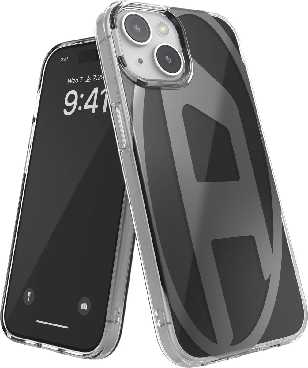 Diesel Spiegelend Telefoonhoesje iPhone 15 – Zwart – Spiegel – Valbescherming tot 2 Meter – Draadloos Opladen – Shockproof – Backcover – Origineel Diesel Accessoire met D-Logo