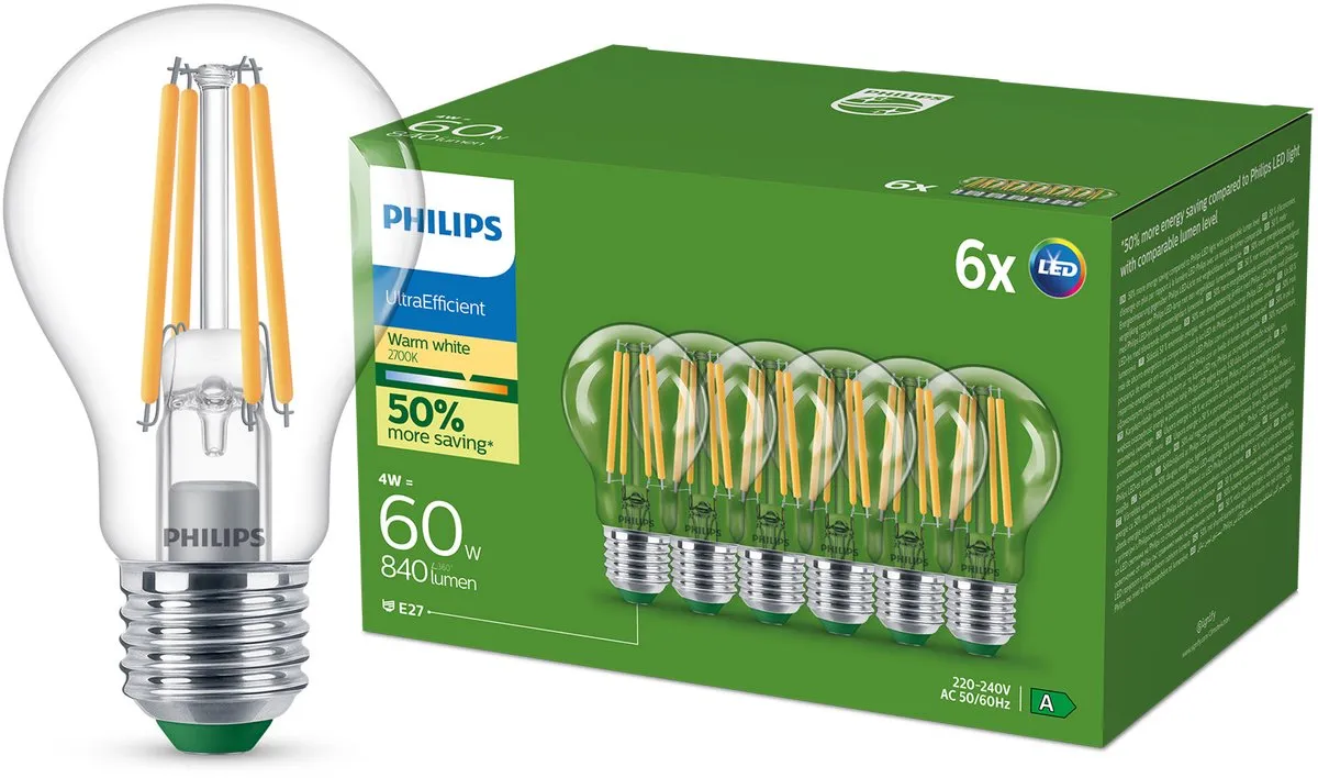Philips UltraEfficient LED Lamp 4W E27 Warmwit - 6 Stuks