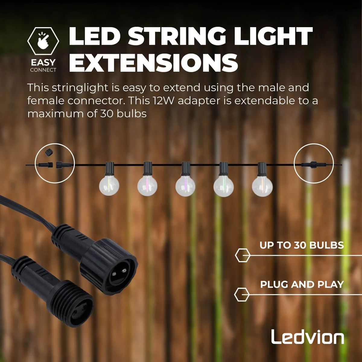 LEDVION LED Prikkabel 20m - 30x E27 2700K Warm Wit
