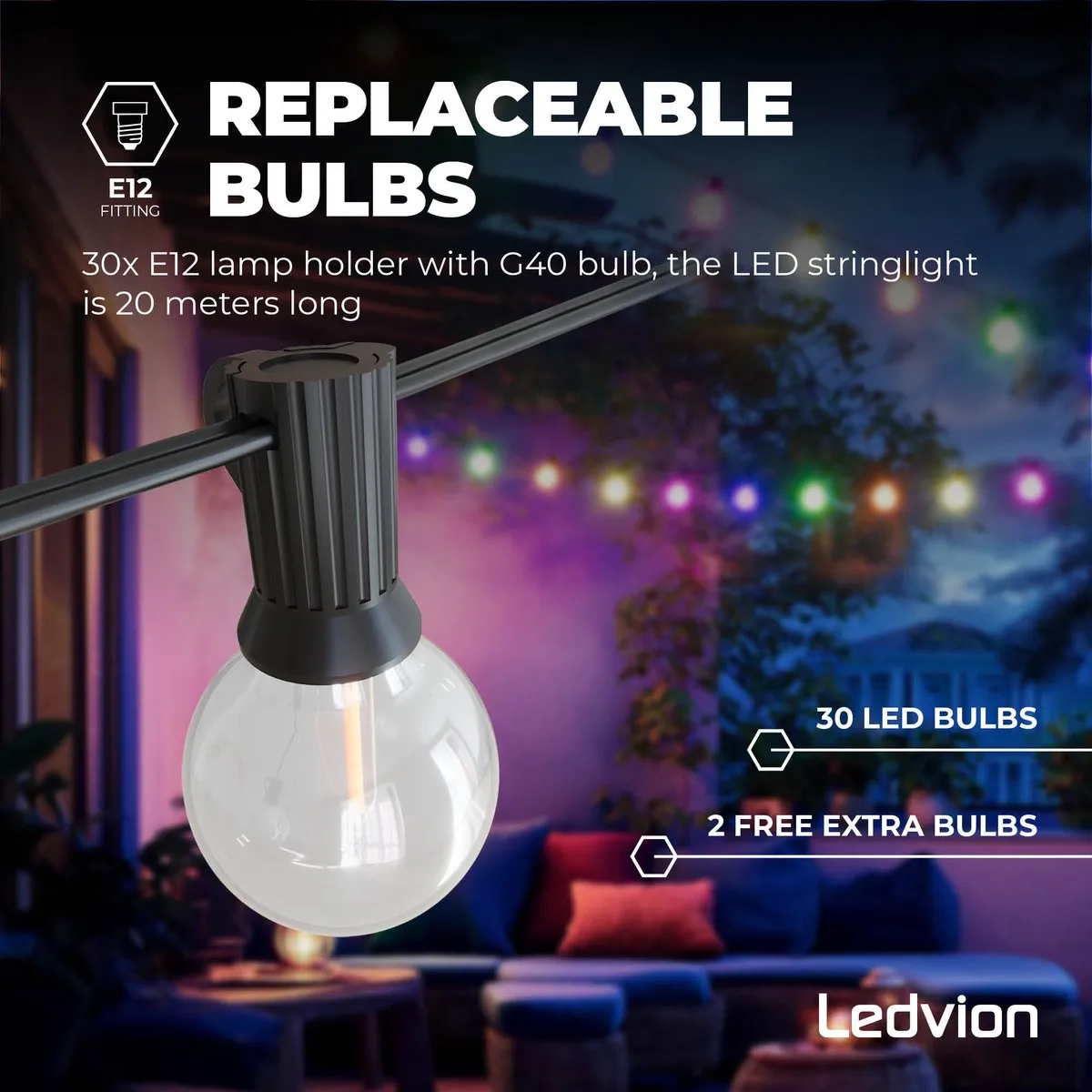 LEDVION LED Prikkabel 20m - 30x E27 2700K Warm Wit - afbeelding 6 van 6