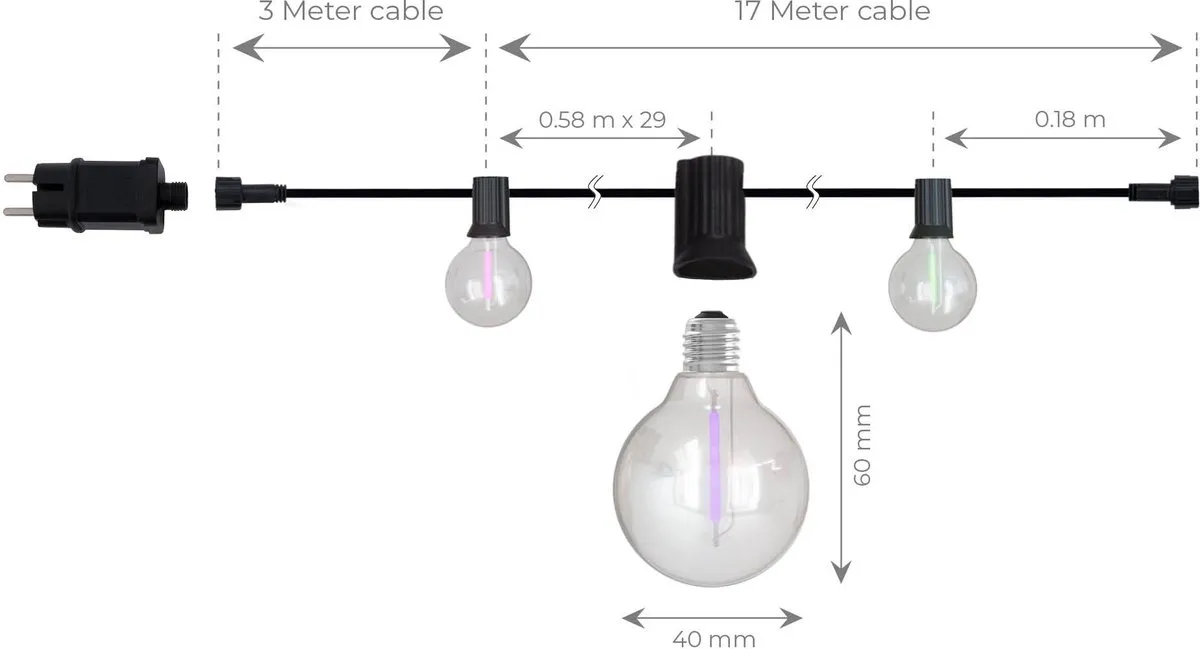 LEDVION LED Prikkabel 20m - 30x E27 2700K Warm Wit