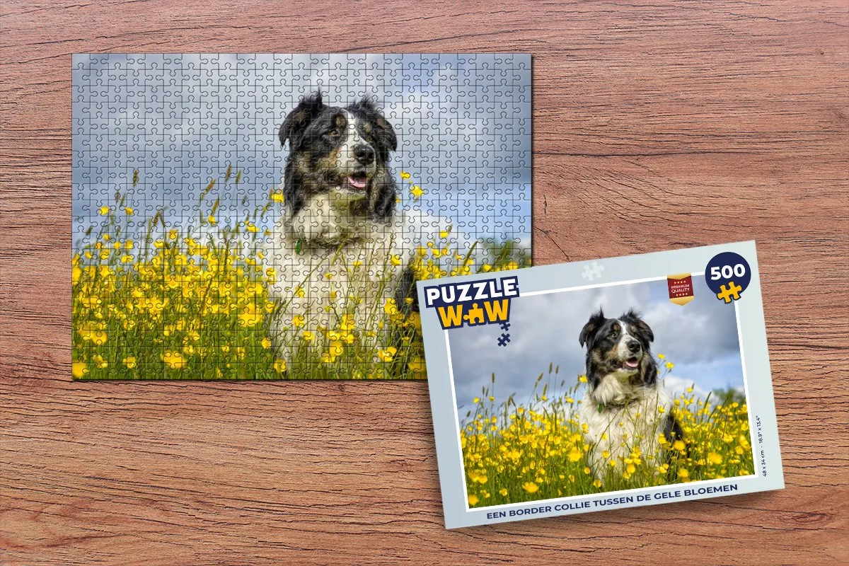 PuzzleWow Legpuzzel Border Collie Gele Bloemen 500 Stuks - Multicolor