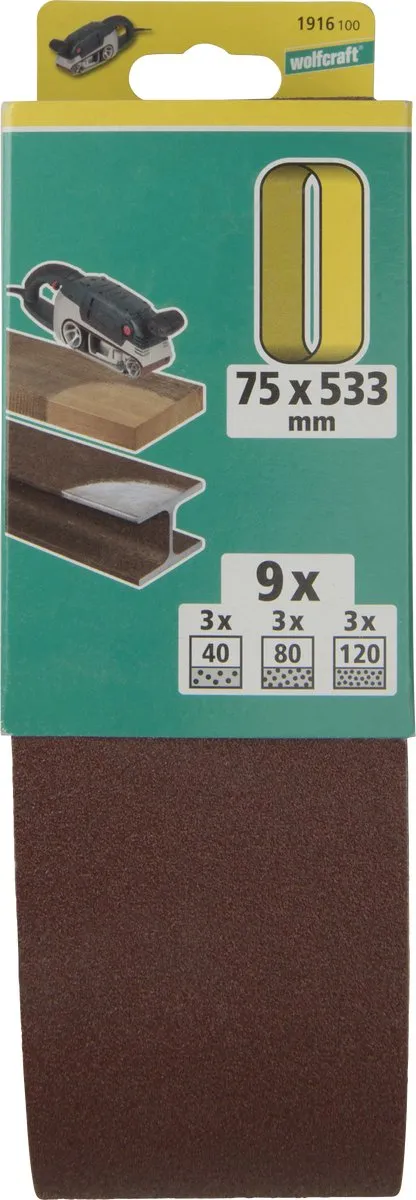Wolfcraft Bandschuurpapier 1916100 - 9 Stuks - Korrel 40/80/120