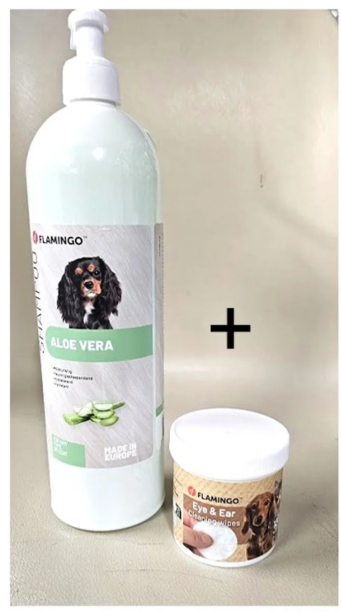 Flamingo Hondenshampoo Aloe Vera 1L & Oog/Oorreinigingsdoekjes 130 Stuks