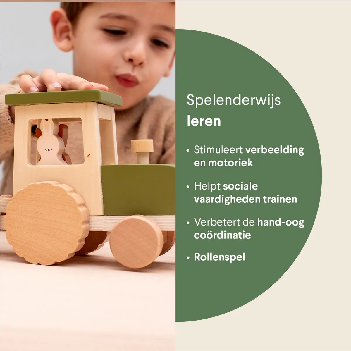 Trixie Houten Tractor met Aanhangwagen 36-494 - 3 Dieren - Multi
