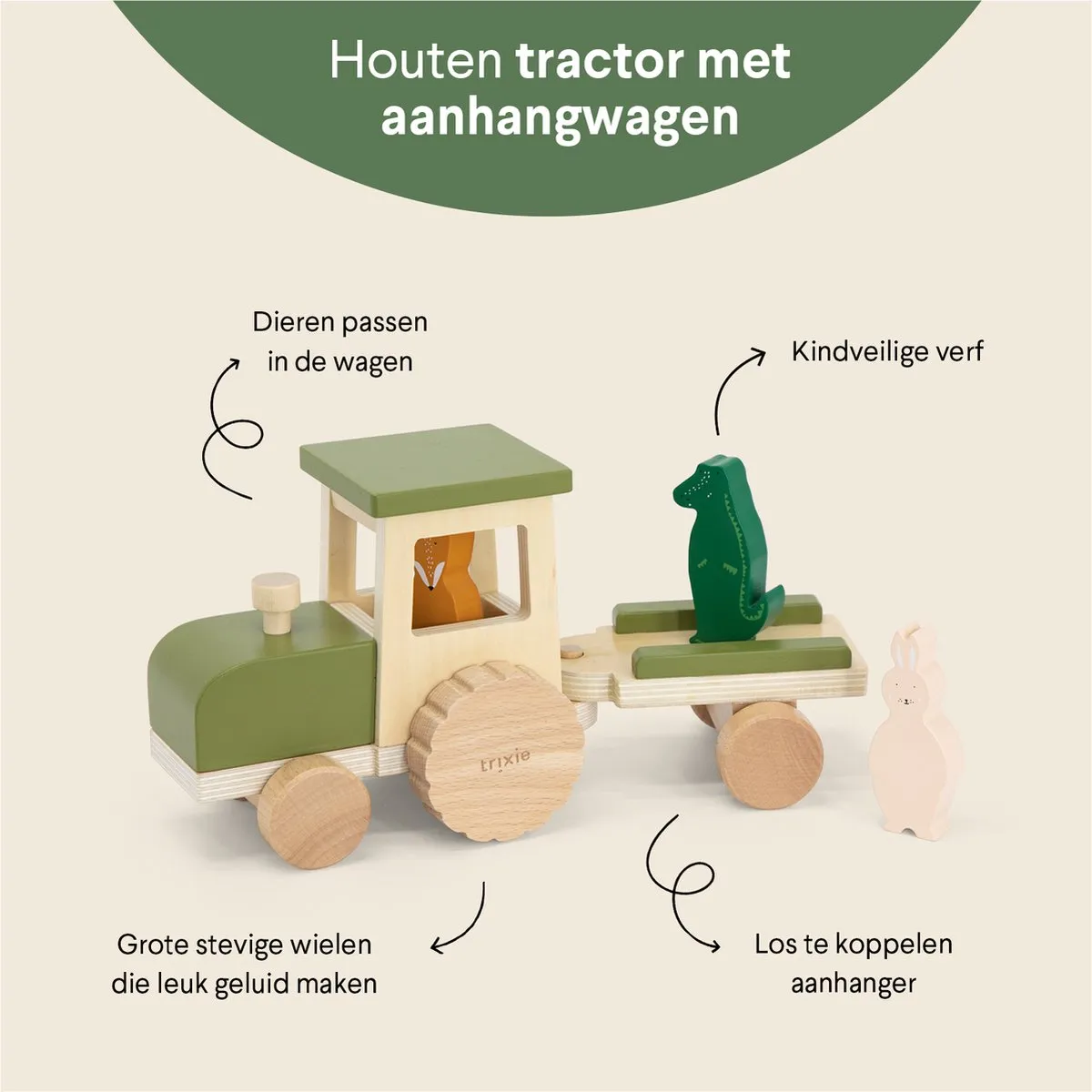 Trixie Houten Tractor met Aanhangwagen 36-494 - 3 Dieren - Multi