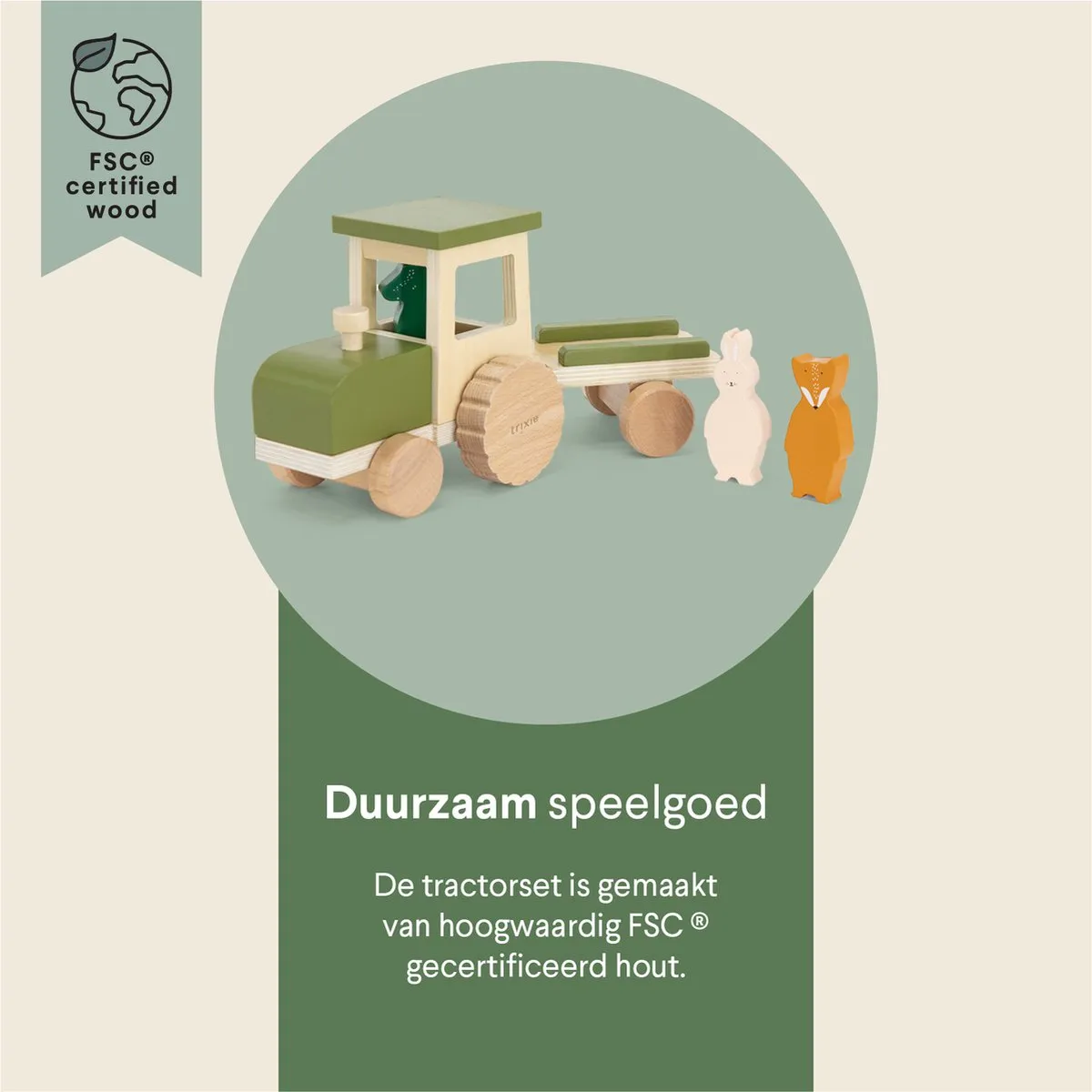 Trixie Houten Tractor met Aanhangwagen 36-494 - 3 Dieren - Multi