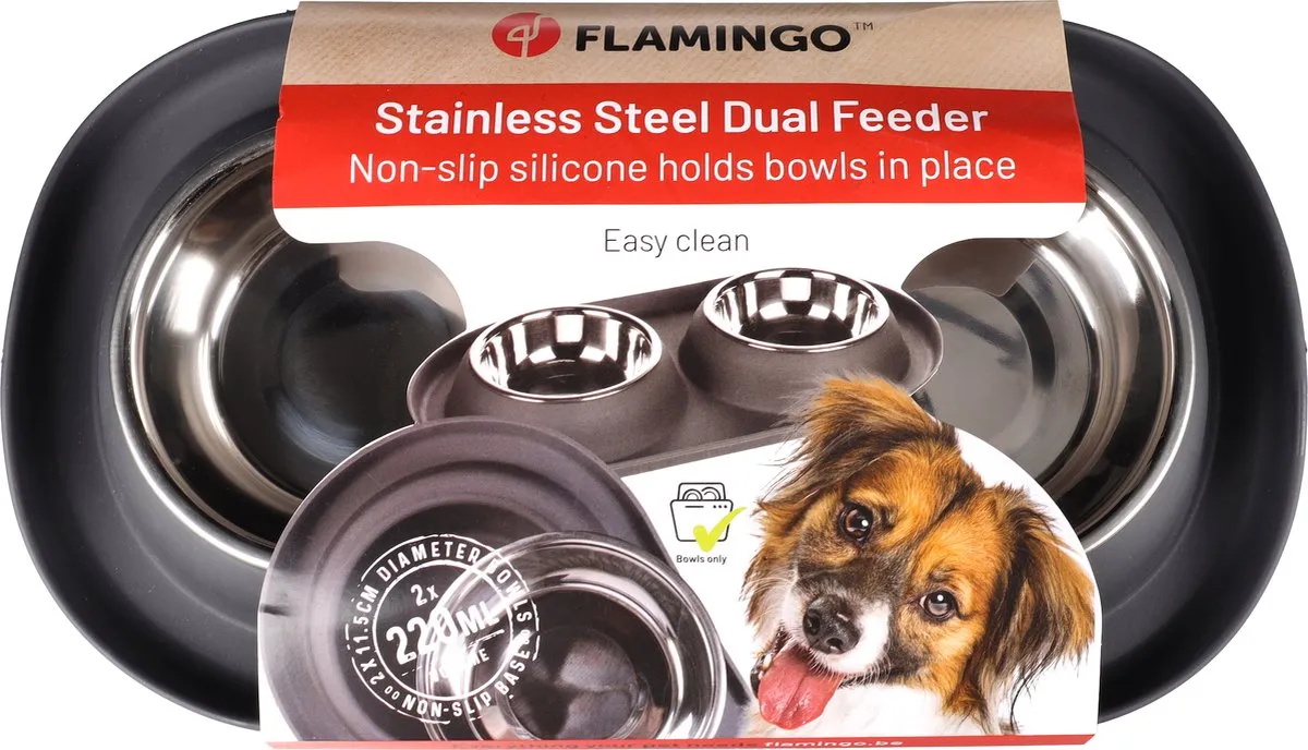 Flamingo Grafa Duo Dinner Eetpot Honden/Katten - 2x220ml - Ø11,5cm - Donkergrijs