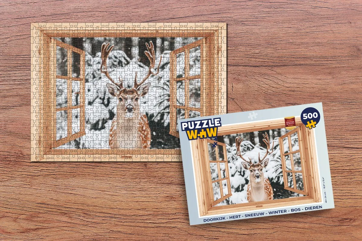 PuzzleWow Doorkijk Hert Sneeuw Legpuzzel 500 Stuks