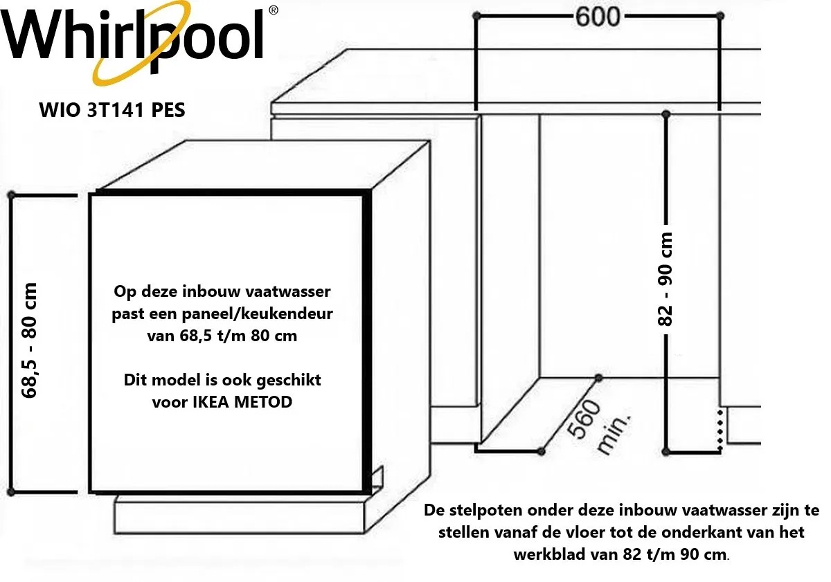 Whirlpool WIO3T141PES Inbouw Vaatwasser 14 Couverts
