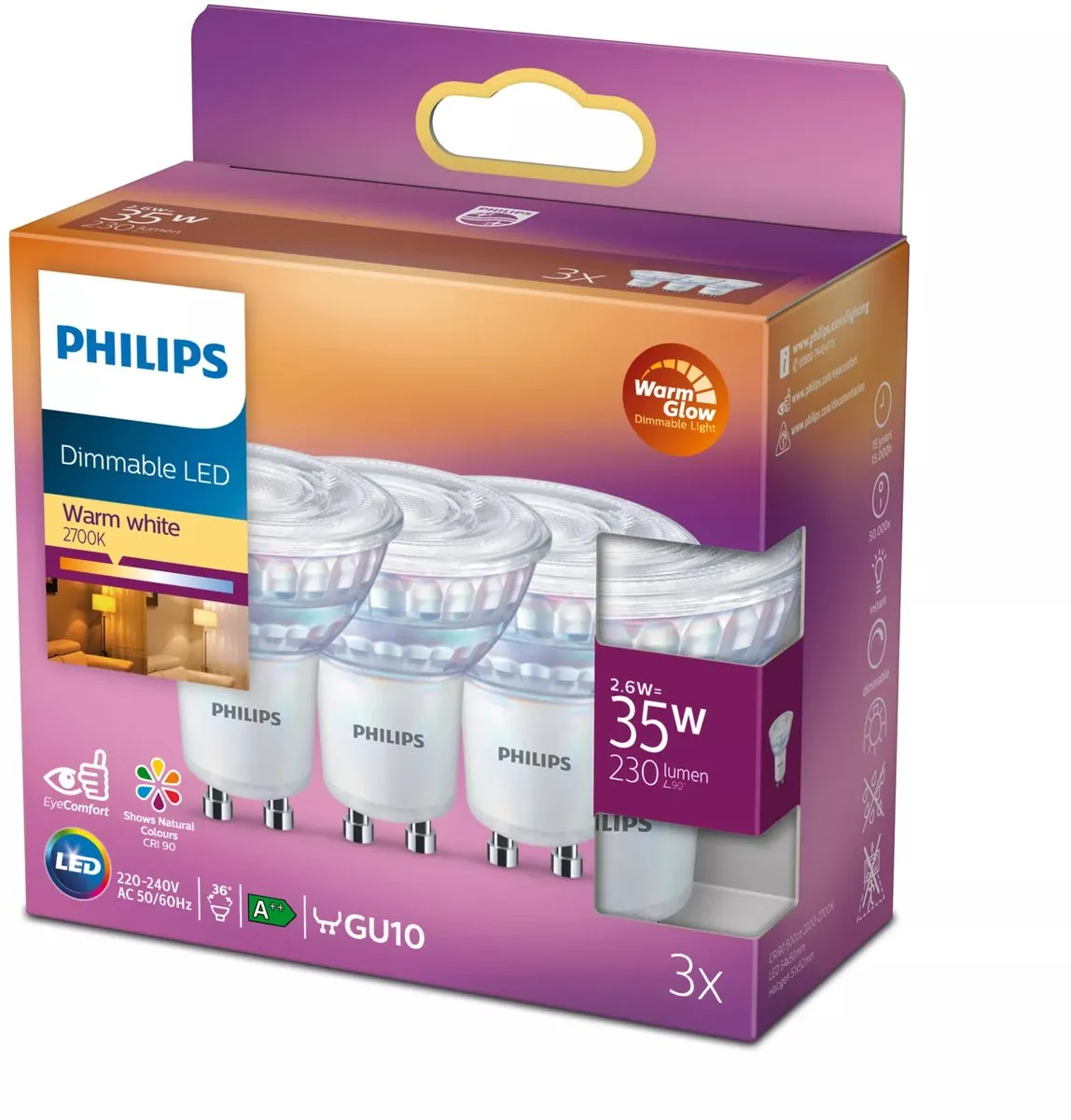 Philips LED Spot GU10 RGB 2.6W - 3 Stuks