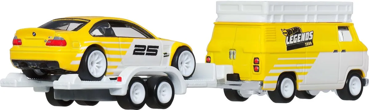 Hot Wheels Legends Tour Teamtransport Trailer JFM93 - 2 Voertuigen 1:64 - Wit/Geel