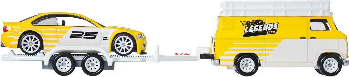 Hot Wheels Legends Tour Teamtransport Trailer JFM93 - 2 Voertuigen 1:64 - Wit/Geel