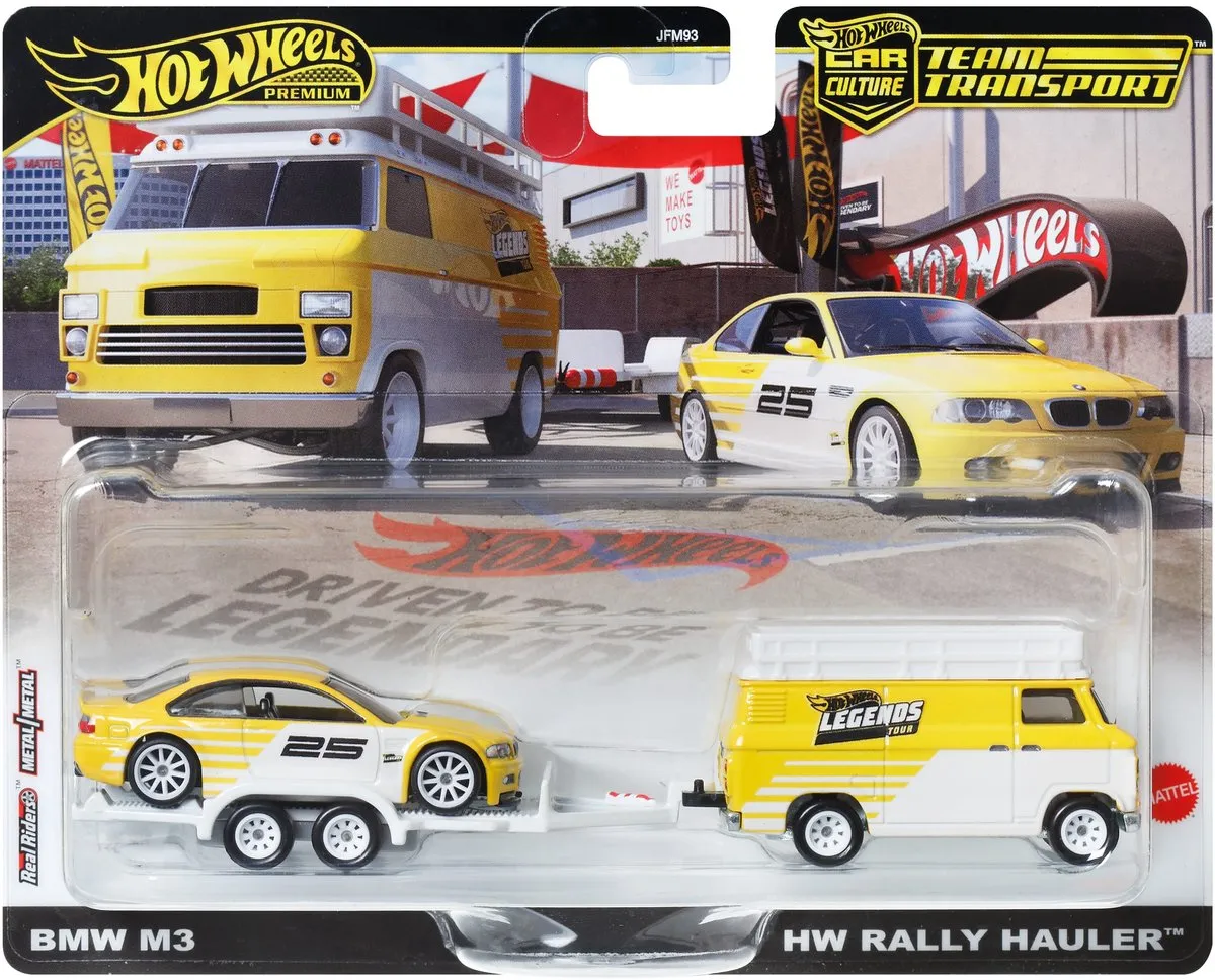 Hot Wheels Legends Tour Teamtransport Trailer JFM93 - 2 Voertuigen 1:64 - Wit/Geel