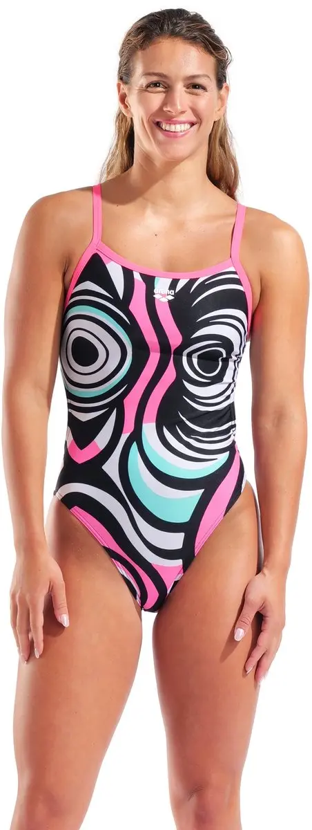 Arena Dames Badpak Illusion Challenge Back Zwart Multicolor Shocking Pink