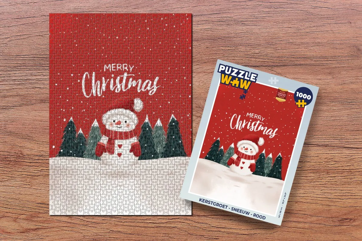 PuzzleWow Kerstgroet Sneeuw Puzzle 1000 Stuks - Rood