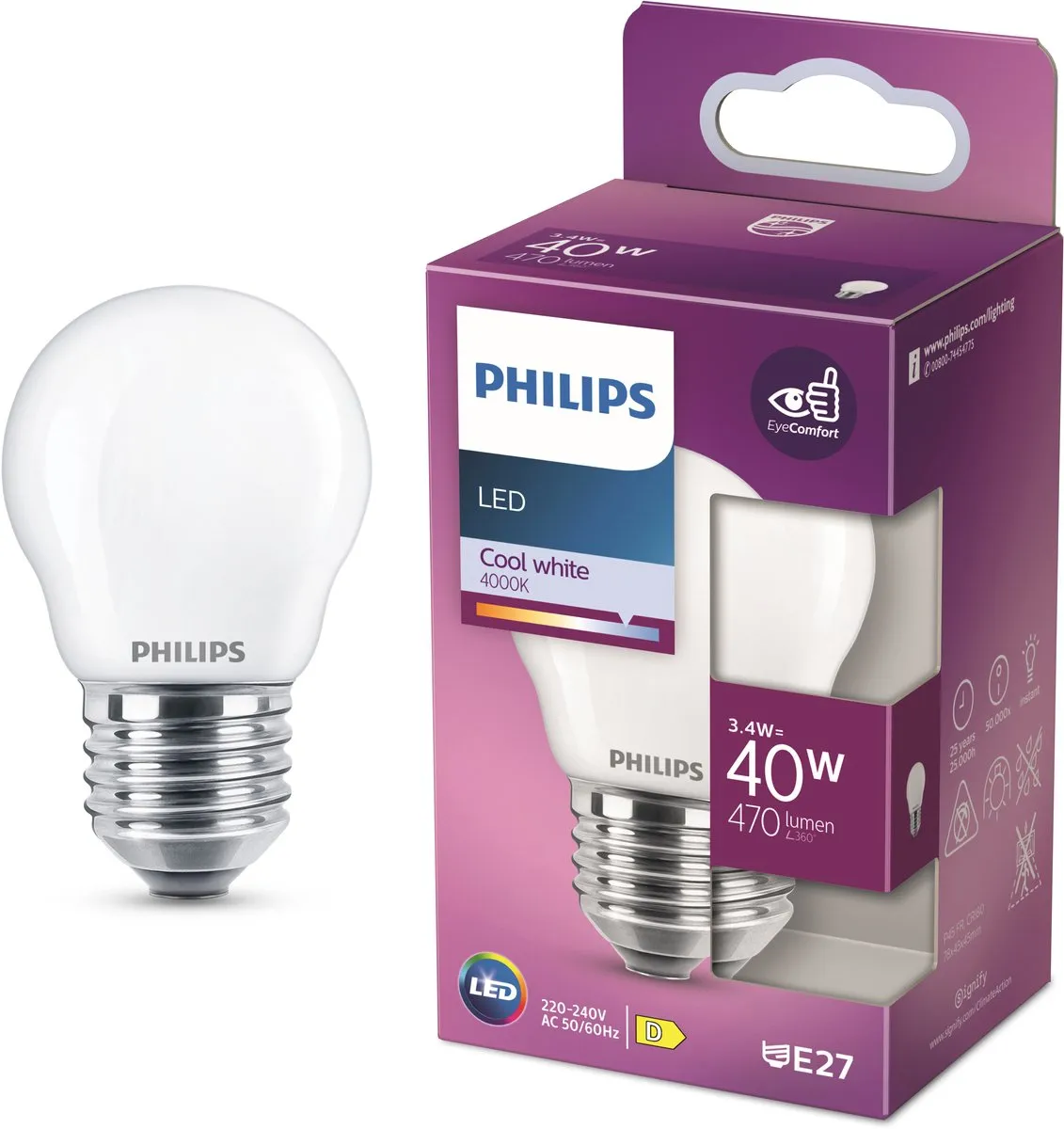 Philips LED Kogellamp E27 3.4W Koelwit Mat