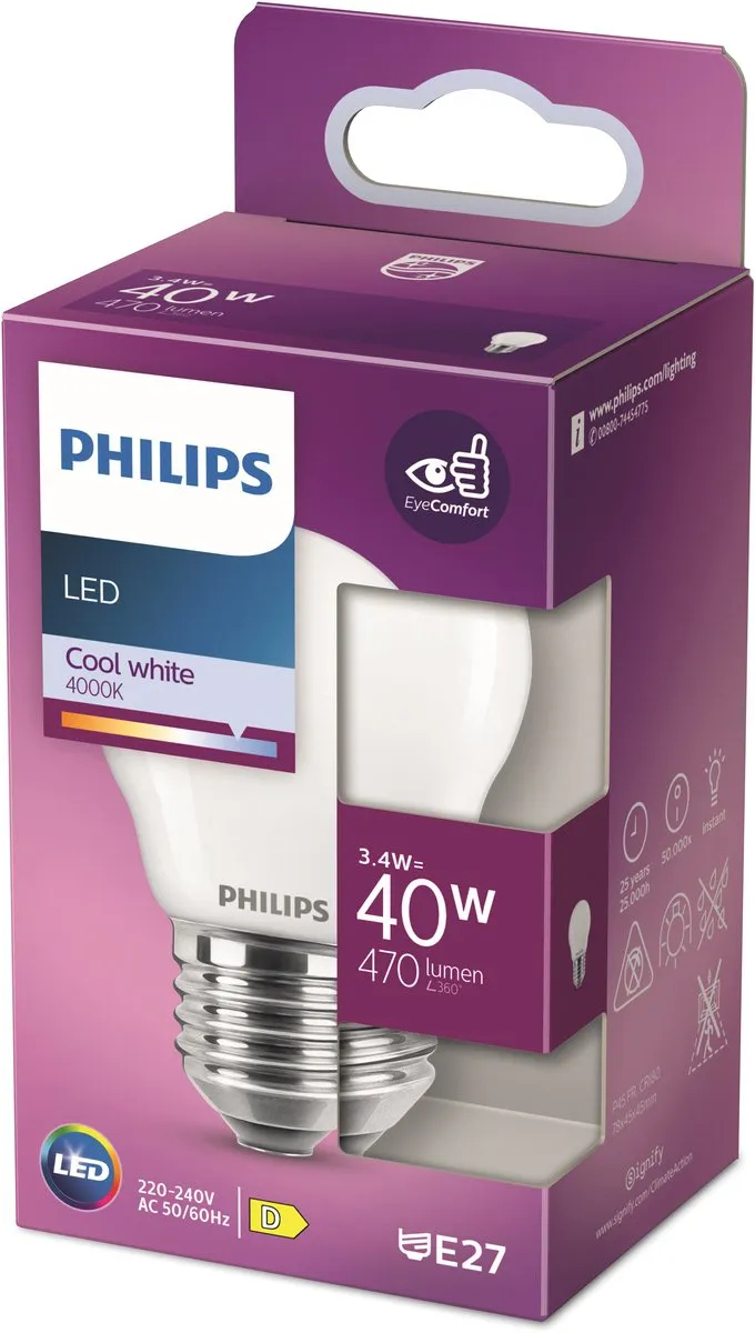 Philips LED Kogellamp E27 3.4W Koelwit Mat