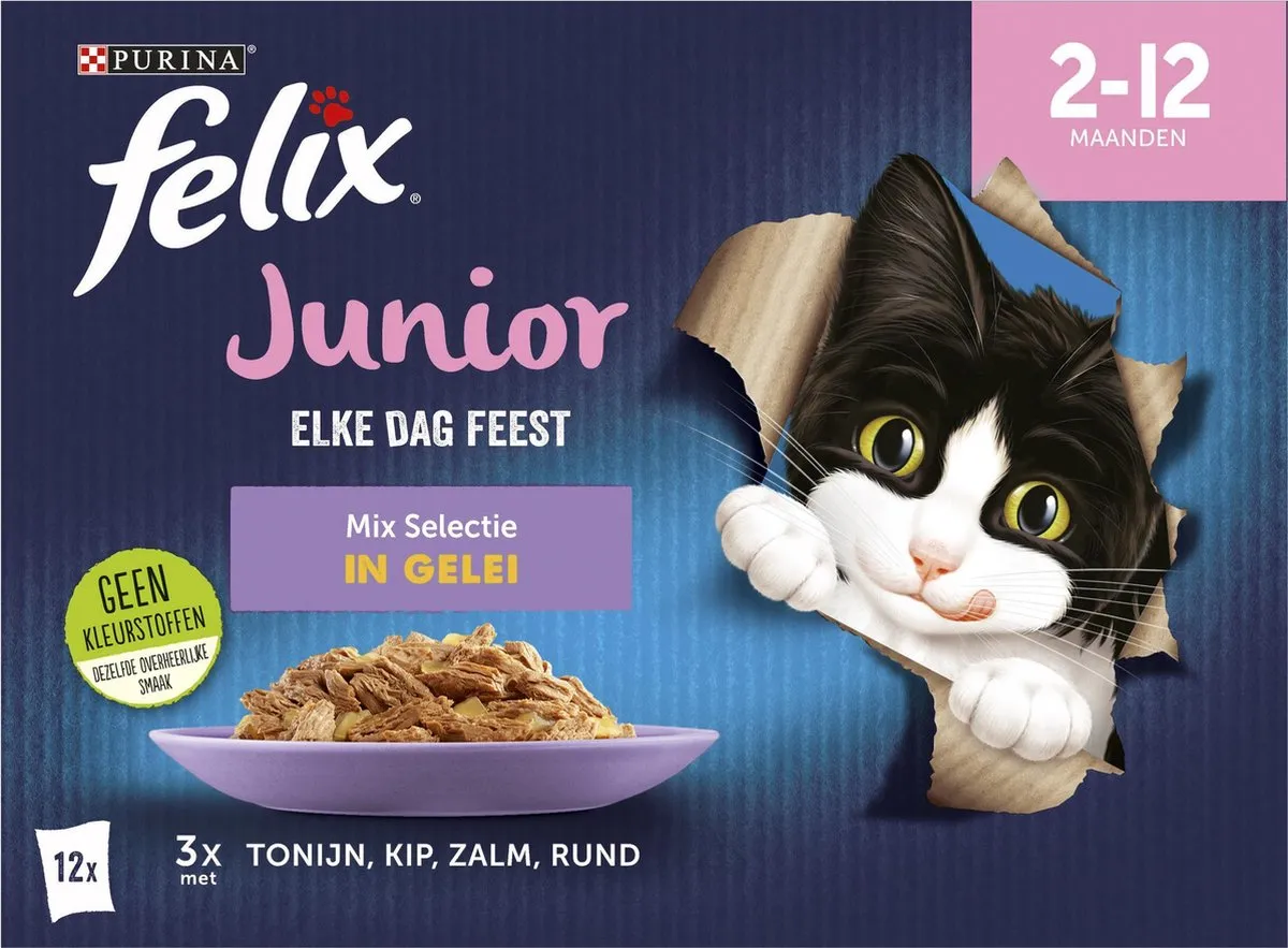 Felix Elke Dag Junior Mix Natvoer - 48 x 85g - Tonijn/Zalm/Rund/Kip - afbeelding 6 van 6