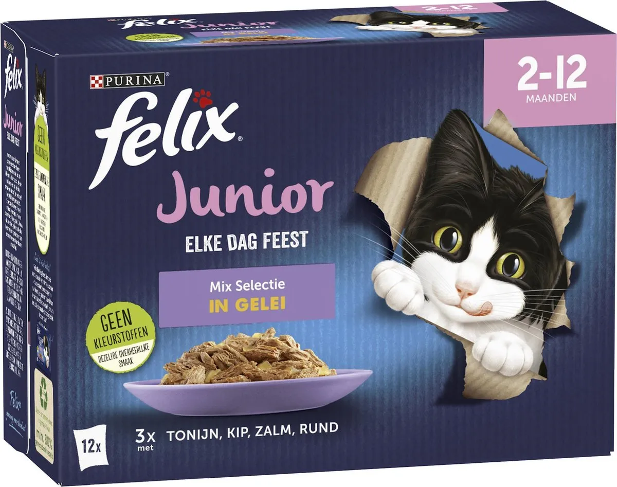 Felix Elke Dag Junior Mix Natvoer - 48 x 85g - Tonijn/Zalm/Rund/Kip