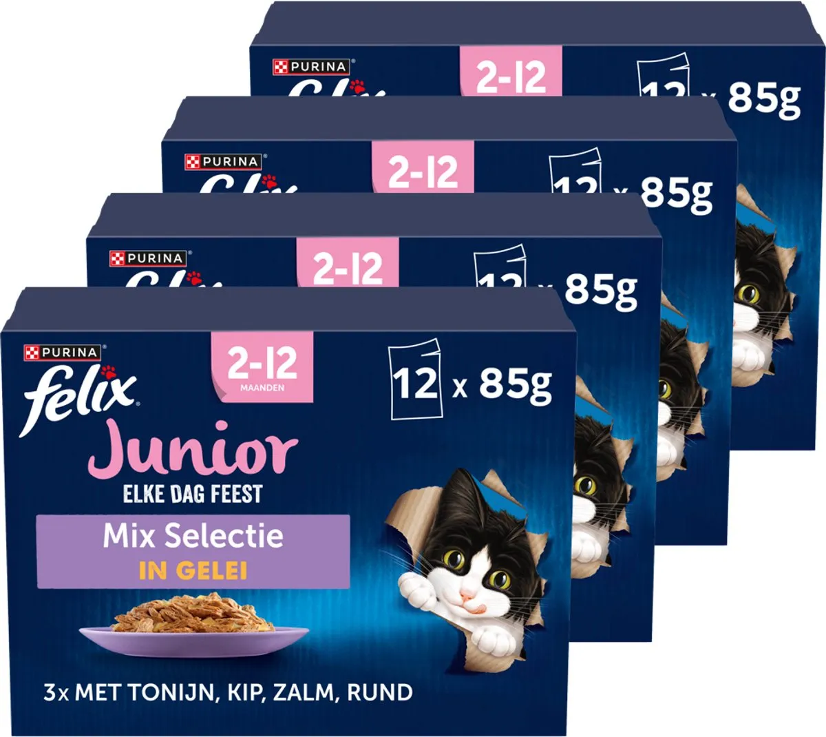 Felix Elke Dag Junior Mix Natvoer - 48 x 85g - Tonijn/Zalm/Rund/Kip