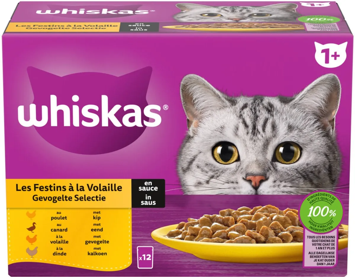 Whiskas Nat Pouch 1+ Adult Gevogelte Selectie - 12x85g