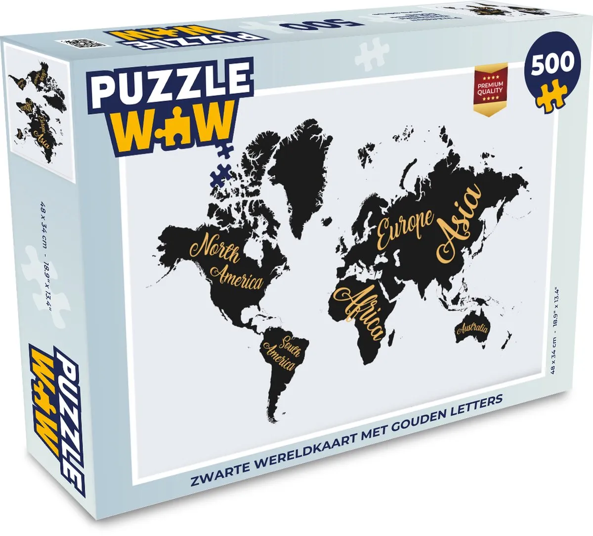 PuzzleWow Wereldkaart Letters Legpuzzel 500 Stuks - Goud/Multicolor