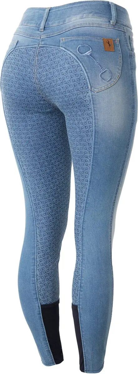 Horze Kaia Hoge Taille Denim Siliconen Full Seat Rijbroek, dames, Light Denim Bl