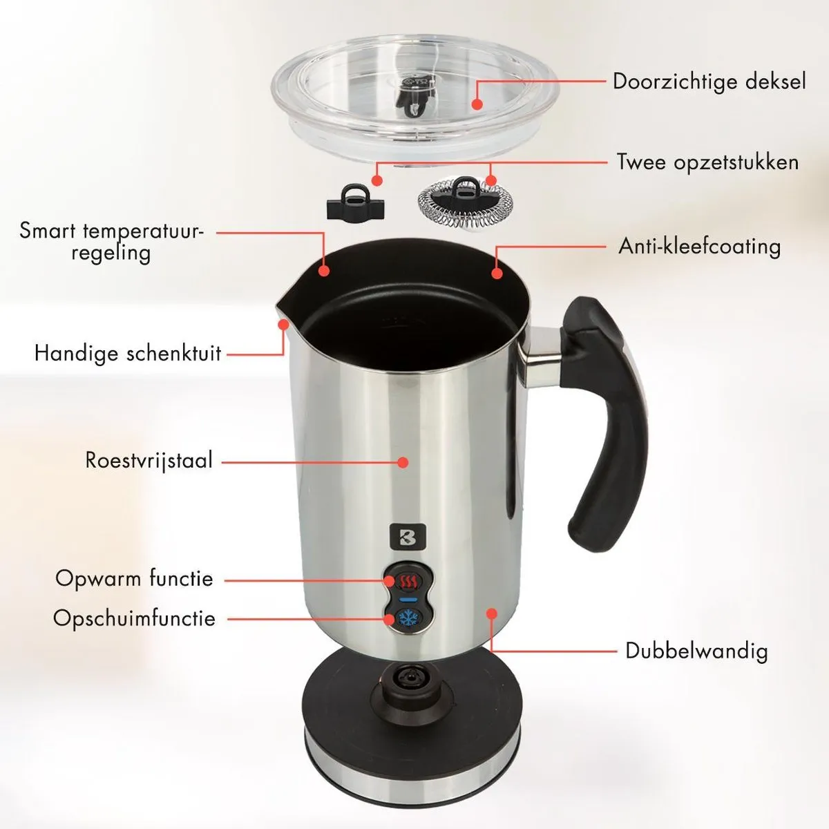 KitchenBrothers KB653 Elektrische Melkopschuimer 240ml - 3 standen - RVS/Zwart