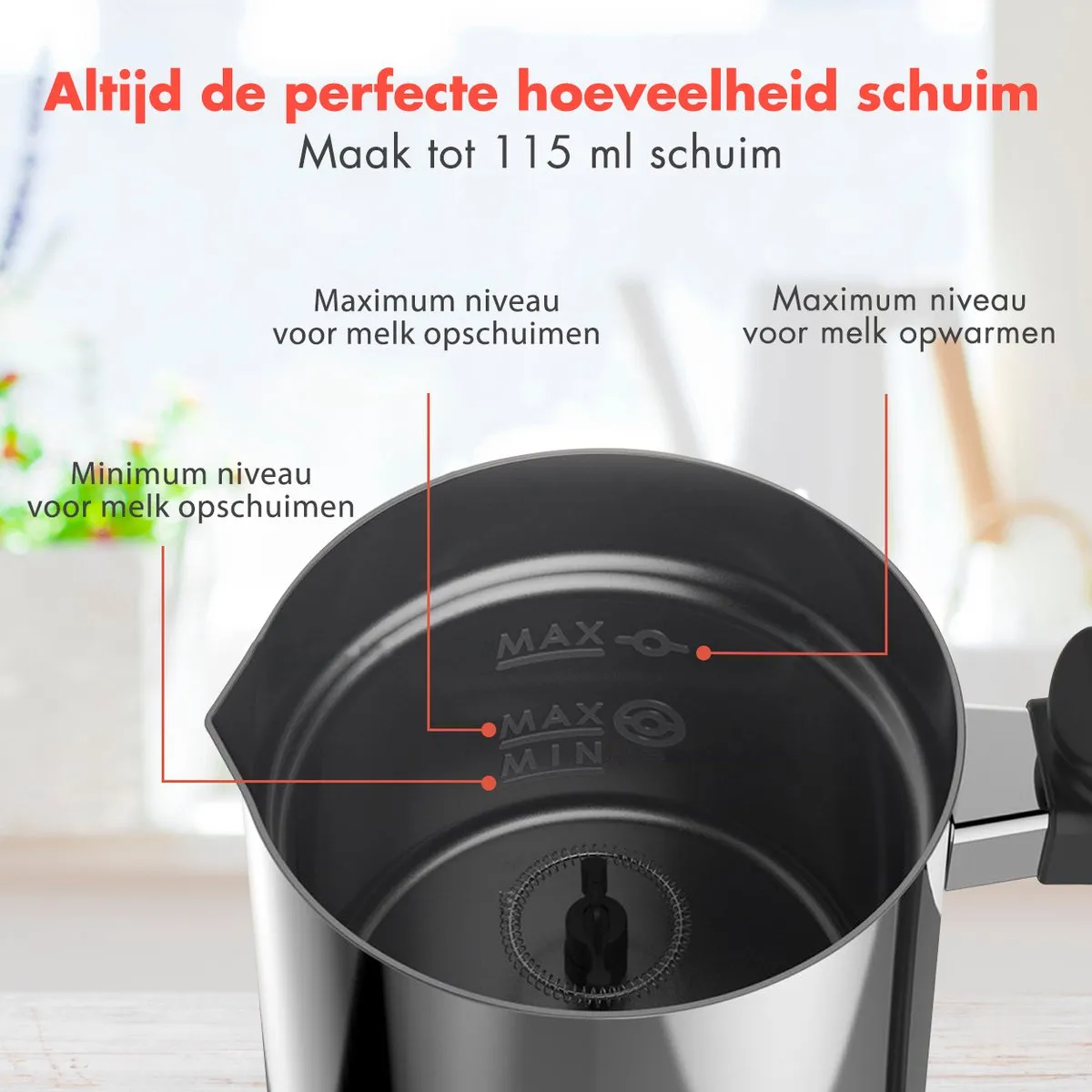 KitchenBrothers KB653 Elektrische Melkopschuimer 240ml - 3 standen - RVS/Zwart