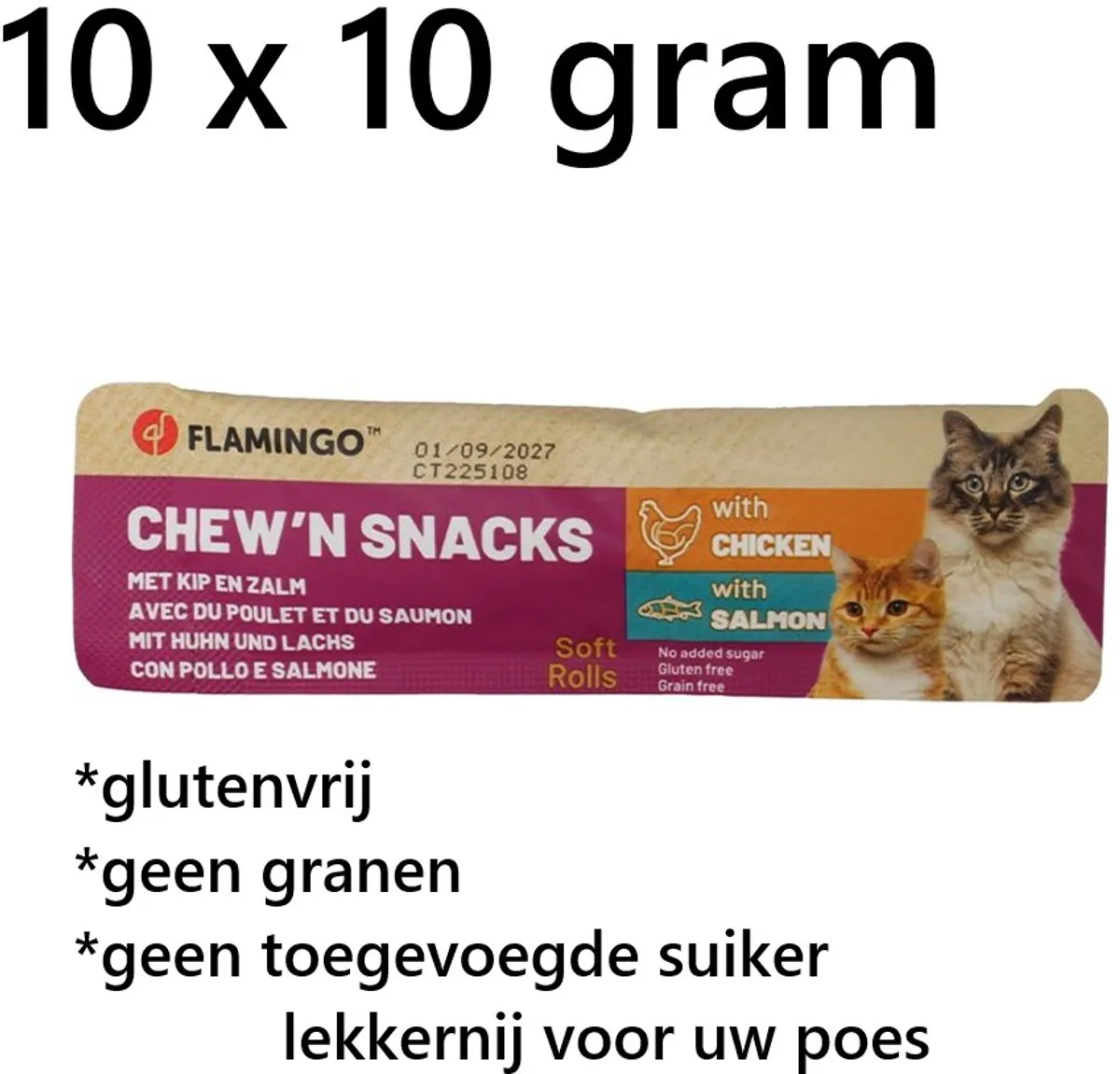 Flamingo Chew'n Snacks Kip & Zalm Kattenbrokjes - 100g (10x10g)