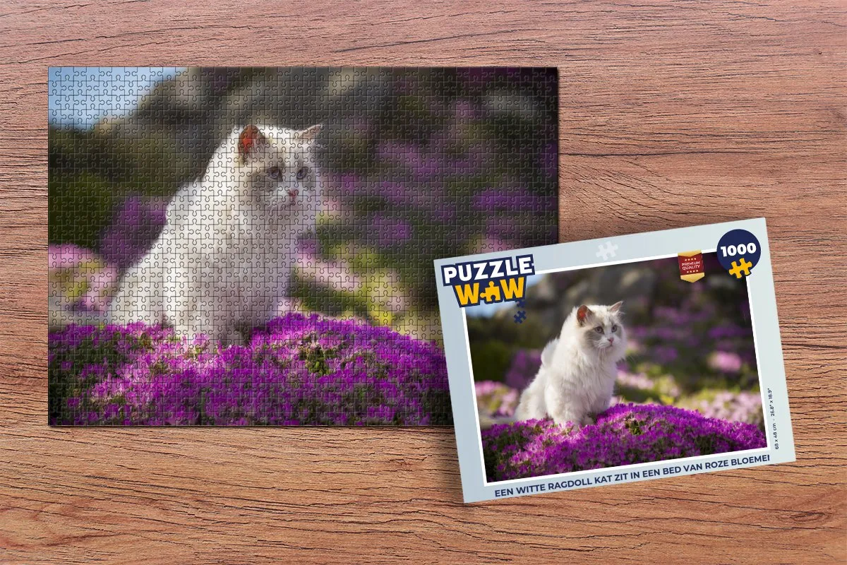 PuzzleWow Legpuzzel Ragdoll Kat in Roze Bloemen 1000 Stuks