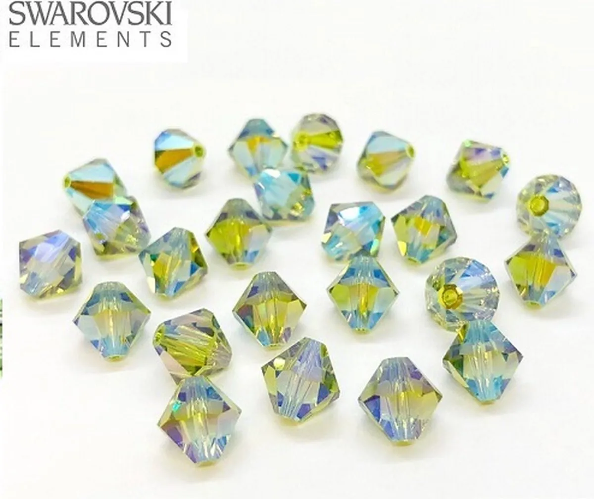 Swarovski Elements, Bicone (5328), 8mm, light olivine AB2x. Per 24 stuks