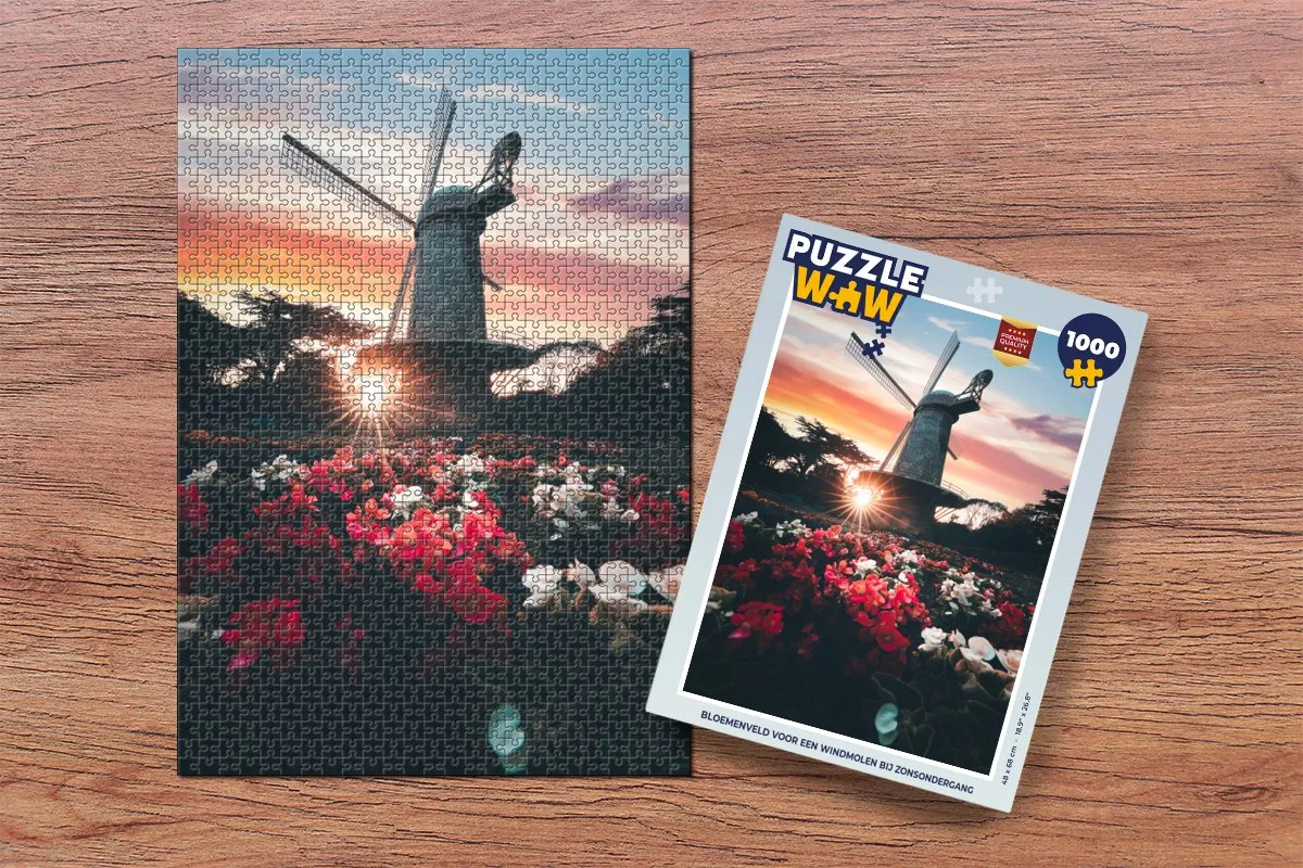 PuzzleWow Bloemenveld Windmolen Zonsondergang Legpuzzel 1000 Stuks - Multicolor