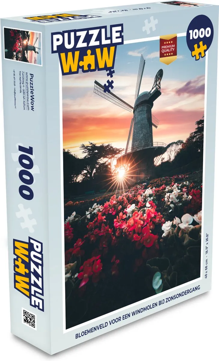 PuzzleWow Bloemenveld Windmolen Zonsondergang Legpuzzel 1000 Stuks