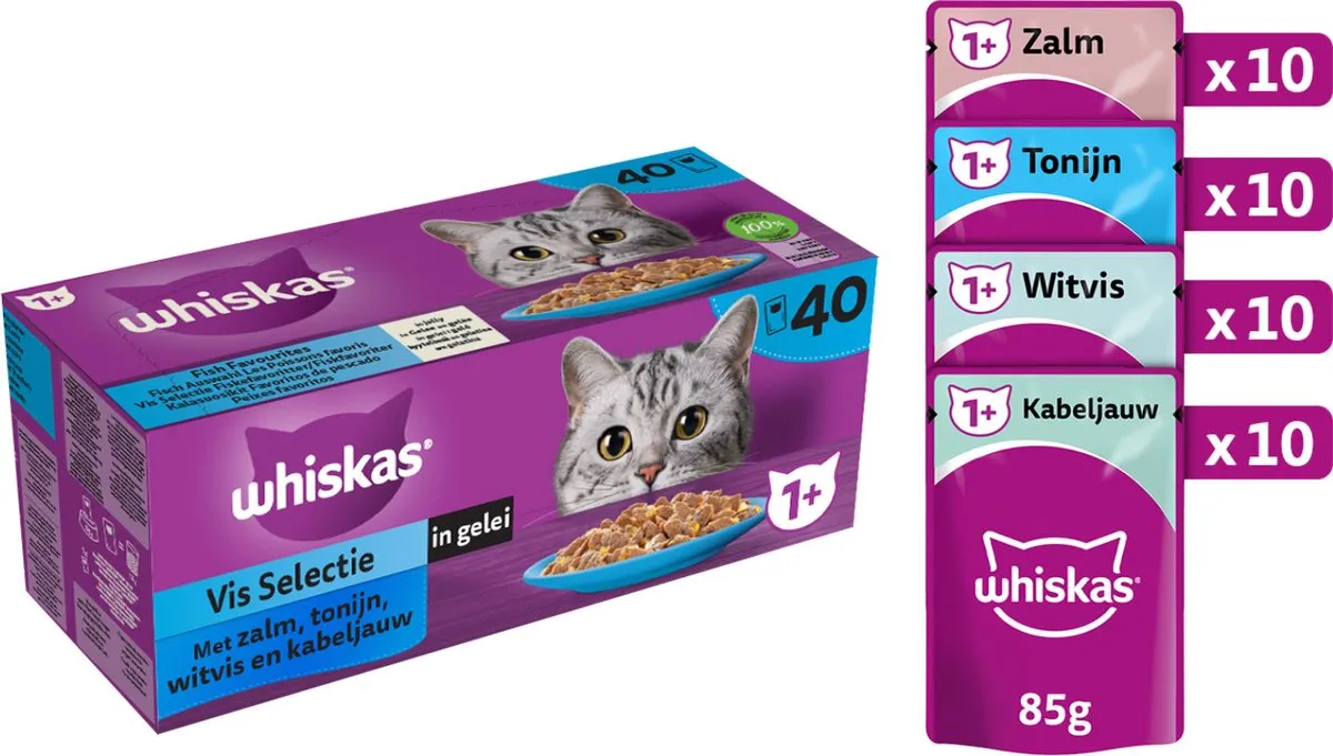 Whiskas Kattenvoer Adult 1+ Vis Selectie in Gelei - 40x85g