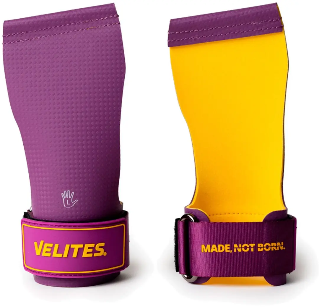 Velites Quad Ultra Hand Grips – CrossFit Handbeschermers – Zonder Chalk – Purple-Mustard – M