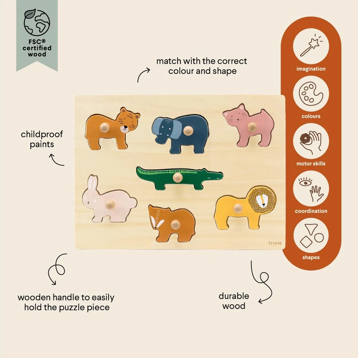Trixie Houten Vormenpuzzel Dieren 7-delig - Multi
