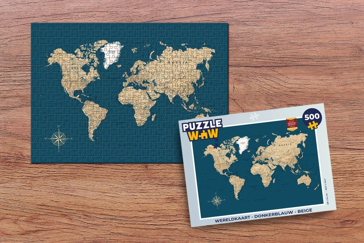 PuzzleWow Wereldkaart Legpuzzel 500 Stuks - Donkerblauw