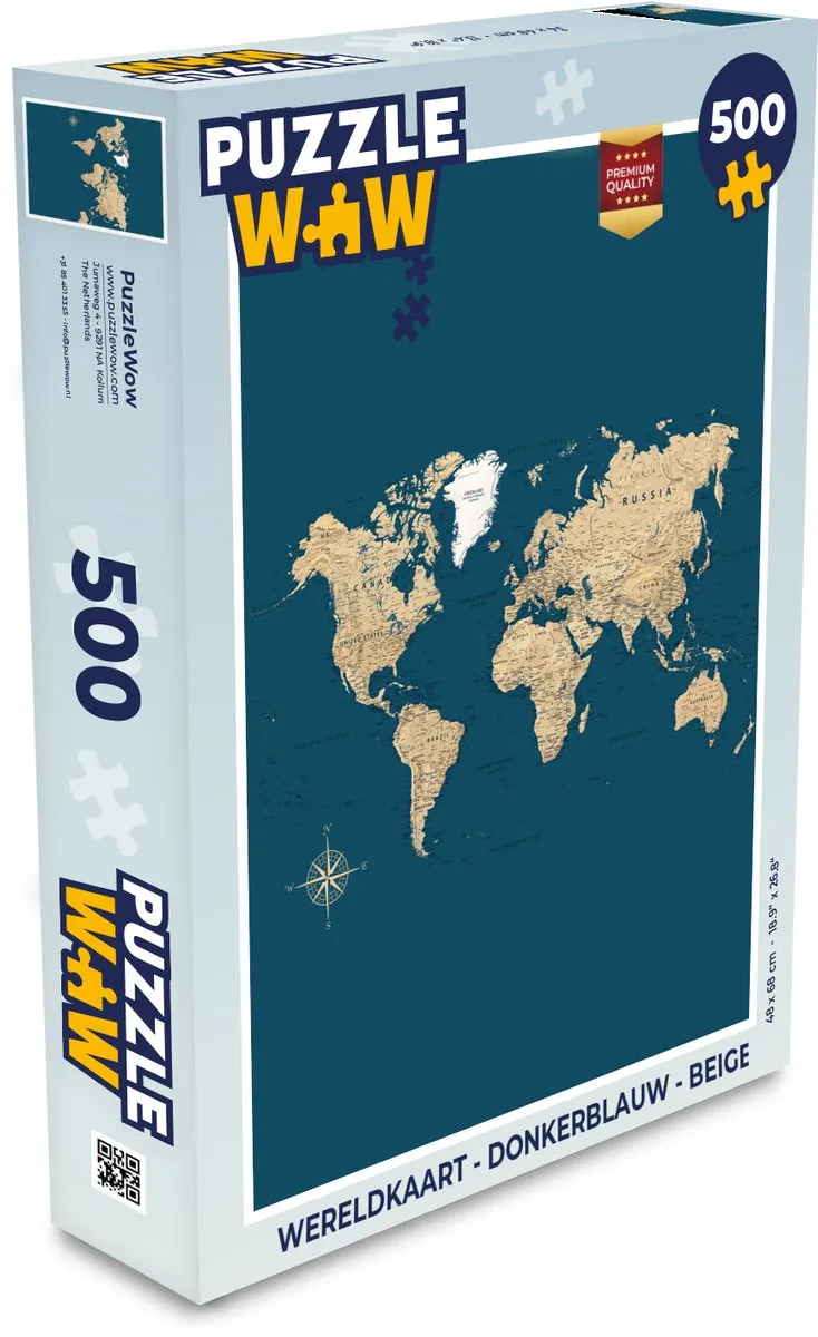 PuzzleWow Wereldkaart Legpuzzel 500 Stuks - Donkerblauw