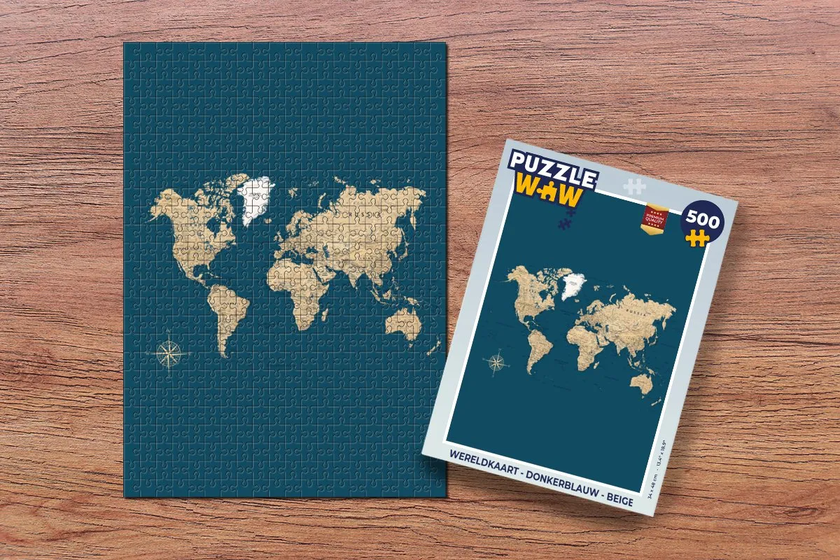 PuzzleWow Wereldkaart Legpuzzel 500 Stuks - Donkerblauw