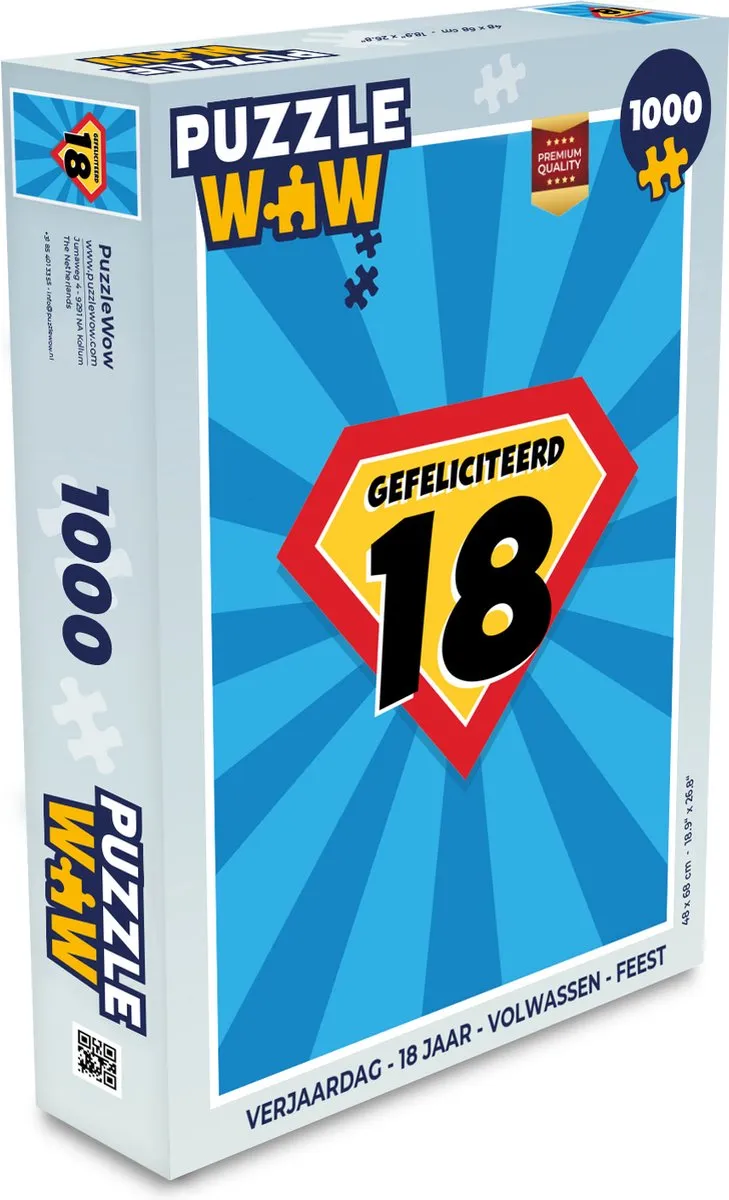 PuzzleWow Verjaardag 18 Jaar Legpuzzel 1000 Stuks - Multicolor