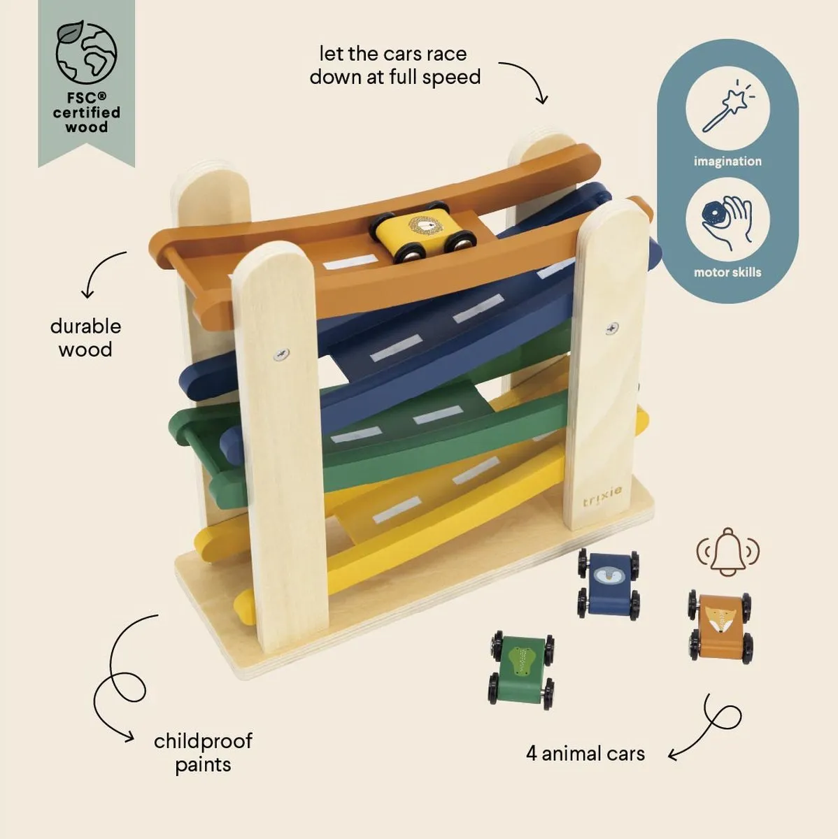 Trixie Houten Racebaan met Dierenauto's - 4 Stuks - Multi